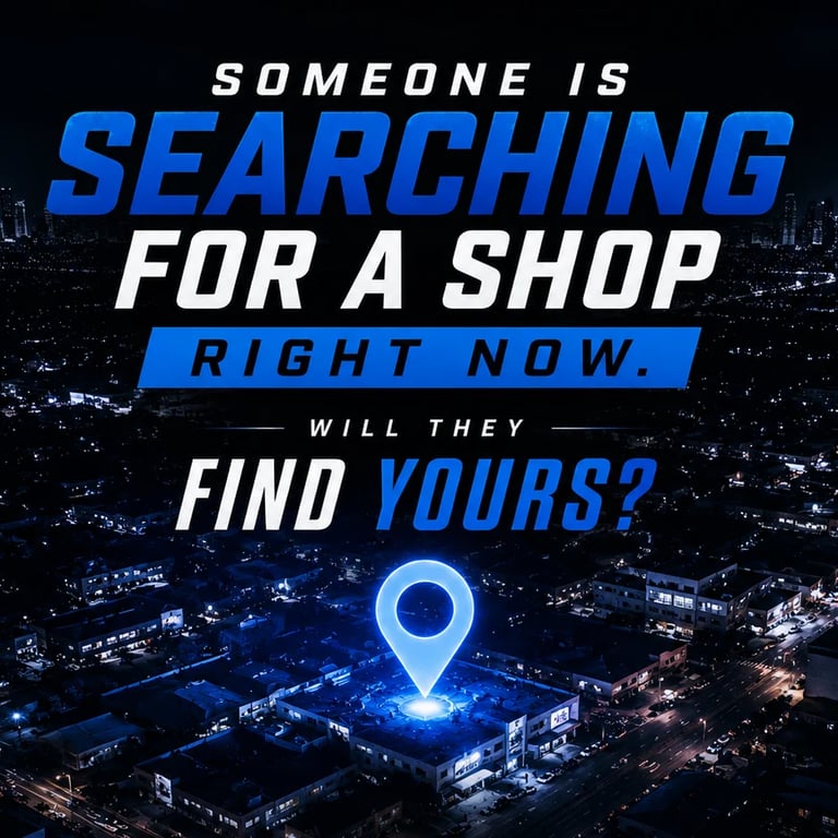 Aerial night cityscape with blue glowing location pin and text about finding a shop, promoting local business visibility.